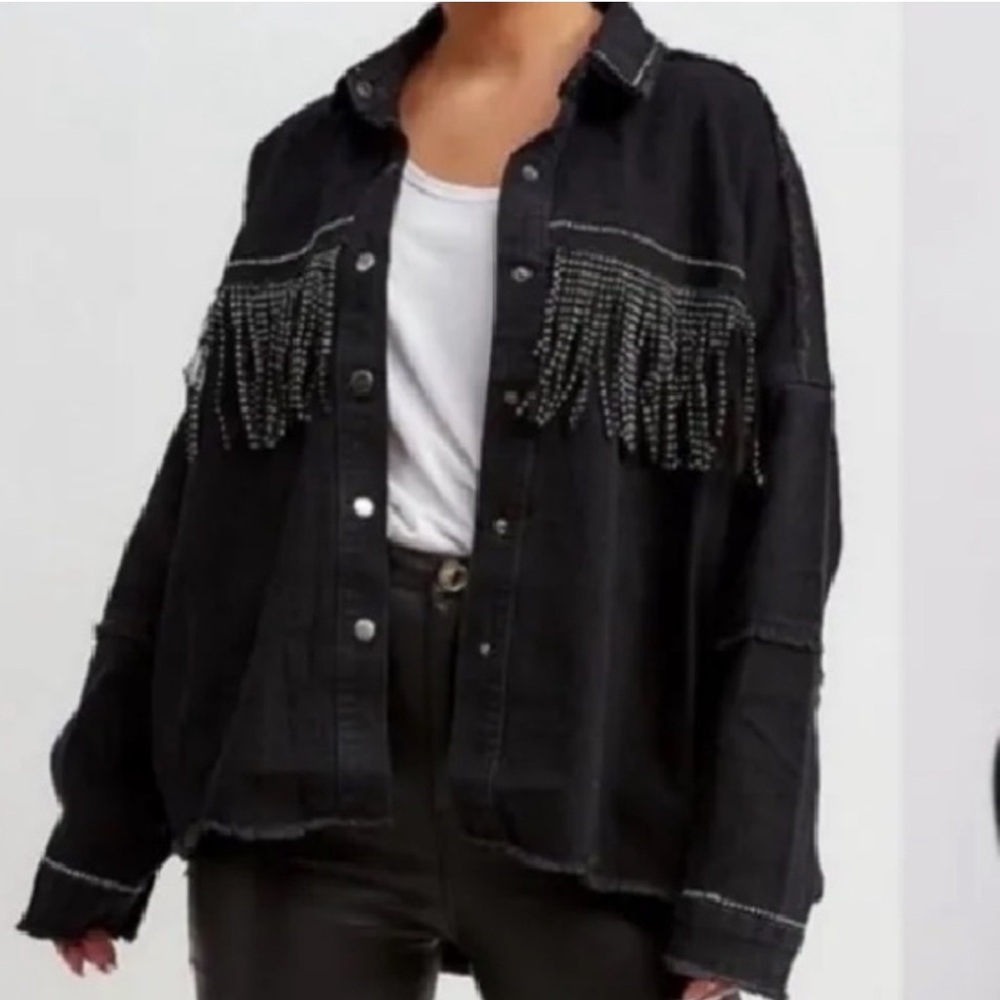 Zara black denim sparkle fringe front and back snap button shirt jacket. S
